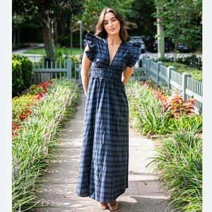 Sail to Sable Blackwatch Tartan V-neck flutter sleeve plaid maxi dress NWT